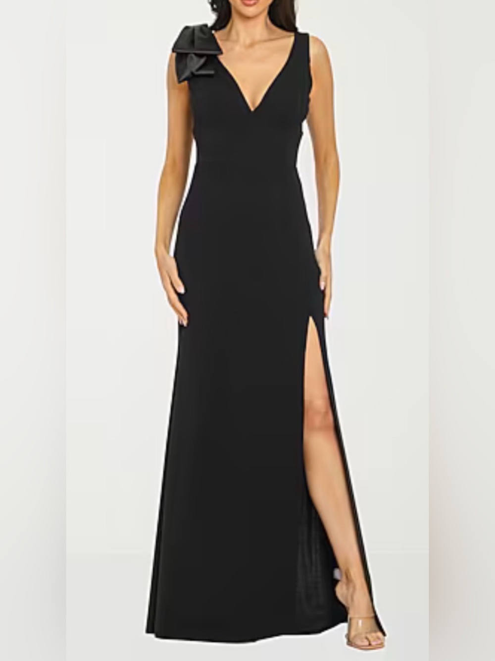 Sleeveless Black Maxi Dress with V-Neck and High Side Slit Bow